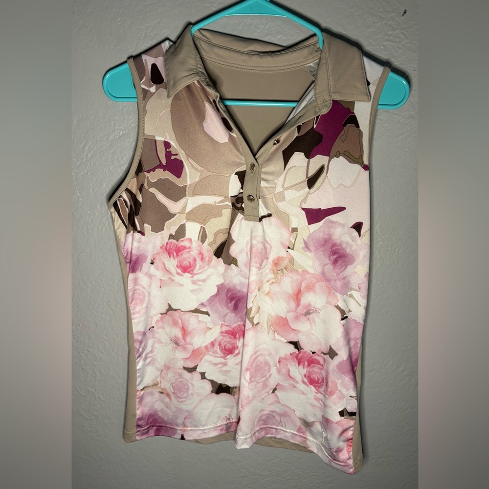 Golfino Ladies Camouflage floral Print Sleeveless golf‎ Polo. Collar. Size 8